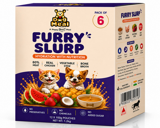 Dog Meal Furry Slurp | Hydration for Cats & Dogs| 80% Real Meat | Bone Broth for Pets | Healthy Pet Meal Topper | Dog Hydration Food | Cat Hydration Food | Assorted Pack of 6