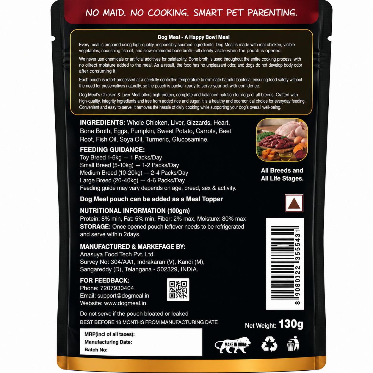 Dog Meal Chicken & Liver Pouches 130g x 12 | No Chunks | Real Meat | 70% Meat | Sweet Potato, Pumpkin, Beet Root, Carrots, Fish Oil, Eggs| Bone Broth