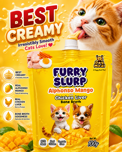 Creamy Furry Slurp for Cats with 80% Real Meat, Hydration with Nutrition Treat for Cats and Dogs, Real Chicken Bone Broth, Alphonso Mango, Coconut, Strawberry, Watermelon, 100g Each
