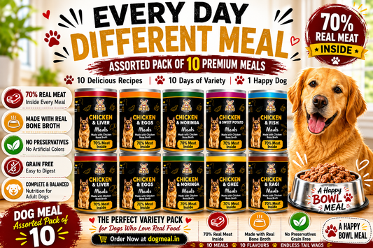 Dog food product with cans and a smiling dog, featuring text about daily meals and real meat content.