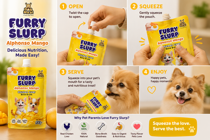 Creamy Furry Slurp for Cats with 80% Real Meat, Hydration with Nutrition Treat for Cats and Dogs, Real Chicken Bone Broth, Alphonso Mango, Coconut, Strawberry, Watermelon, 100g Each