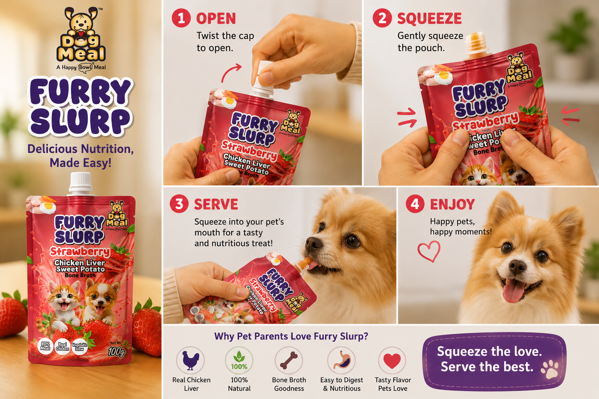Dog Meal Furry Slurp product packaging with usage instructions and a dog enjoying the treat.