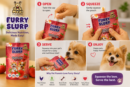 Dog Meal Furry Slurp product packaging with usage instructions and a dog enjoying the treat.