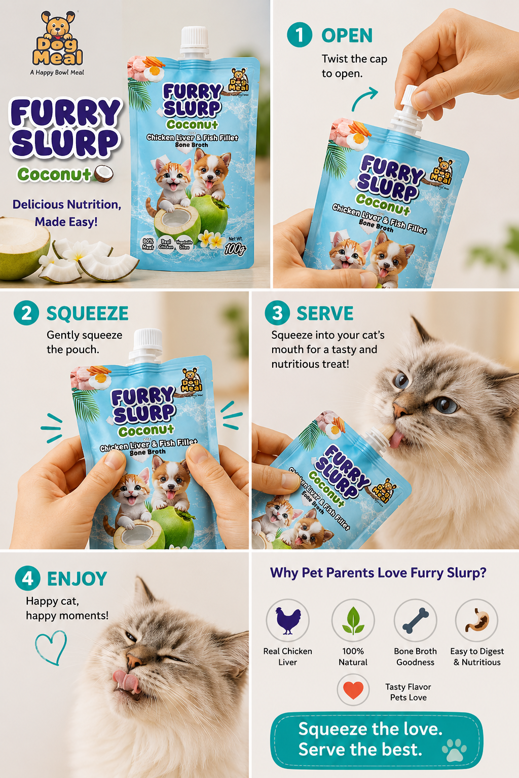 Creamy Furry Slurp for Cats with 80% Real Meat, Hydration with Nutrition Treat for Cats and Dogs, Real Chicken Bone Broth, Alphonso Mango, Coconut, Strawberry, Watermelon, 100g Each