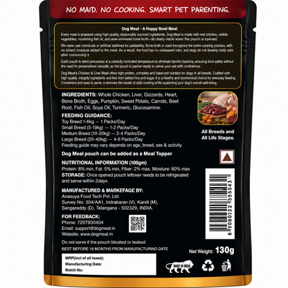 Dog Meal Chicken & Liver Pouches 130g x 12 | No Chunks | Real Meat | 70% Meat | Sweet Potato, Pumpkin, Beet Root, Carrots, Fish Oil, Eggs| Bone Broth