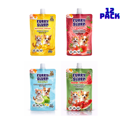 Creamy Furry Slurp for Cats with 80% Real Meat, Hydration with Nutrition Treat for Cats and Dogs, Real Chicken Bone Broth, Alphonso Mango, Coconut, Strawberry, Watermelon, 100g Each