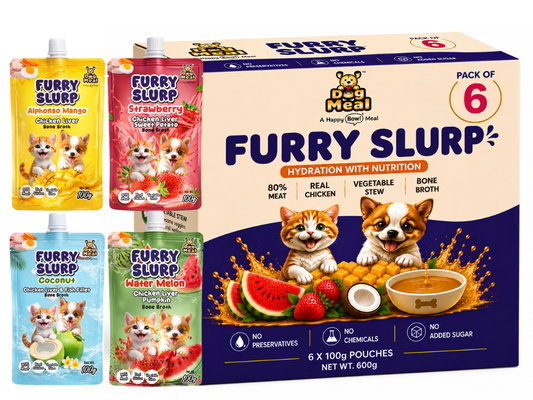 Dog Meal Furry Slurp | Hydration for Cats & Dogs| 80% Real Meat | Bone Broth for Pets | Healthy Pet Meal Topper | Dog Hydration Food | Cat Hydration Food | Assorted Pack of 6