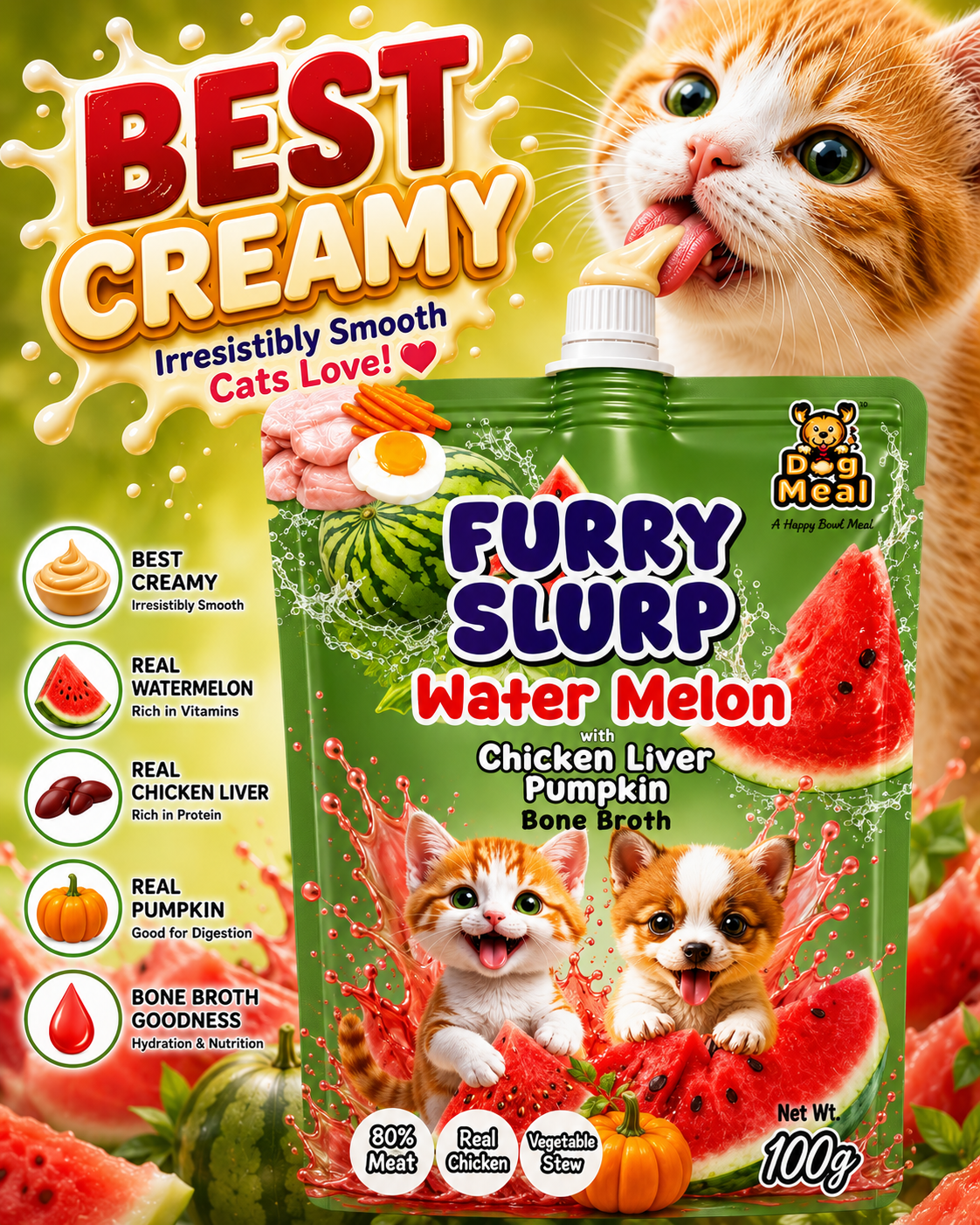 Creamy Furry Slurp for Cats with 80% Real Meat, Hydration with Nutrition Treat for Cats and Dogs, Real Chicken Bone Broth, Alphonso Mango, Coconut, Strawberry, Watermelon, 100g Each