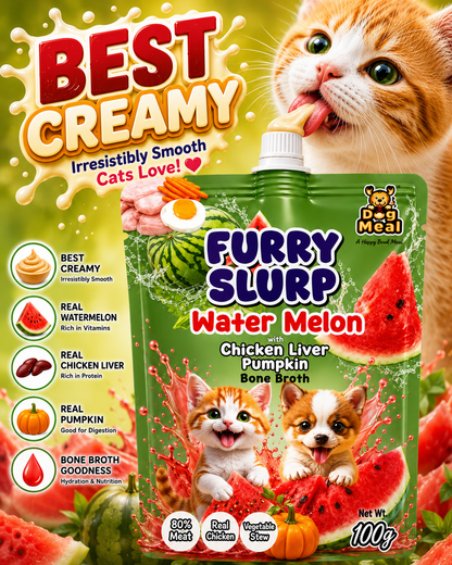 Creamy Furry Slurp for Cats with 80% Real Meat, Hydration with Nutrition Treat for Cats and Dogs, Real Chicken Bone Broth, Alphonso Mango, Coconut, Strawberry, Watermelon, 100g Each